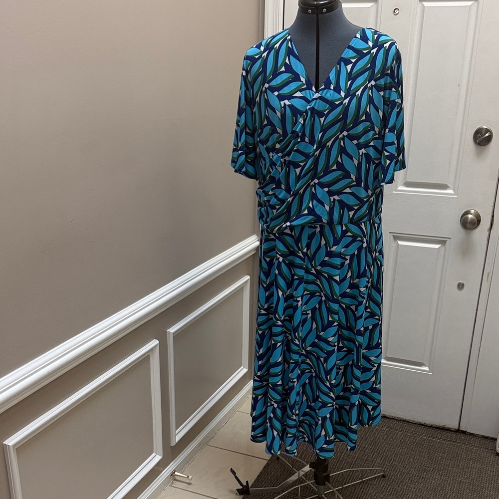 Blue Leaf-Print Faux Wrap Midi Dress